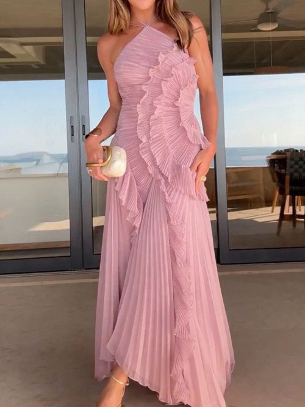 Pleated Ruffle Halter Maxi Dress - Dusty Pink